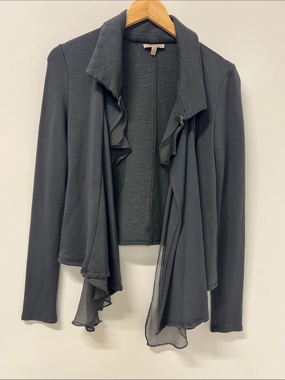 Bordeaux Cardian, Long Sleeve, Chiffon Inserts, XS, Gray, Partial Zip at Collar